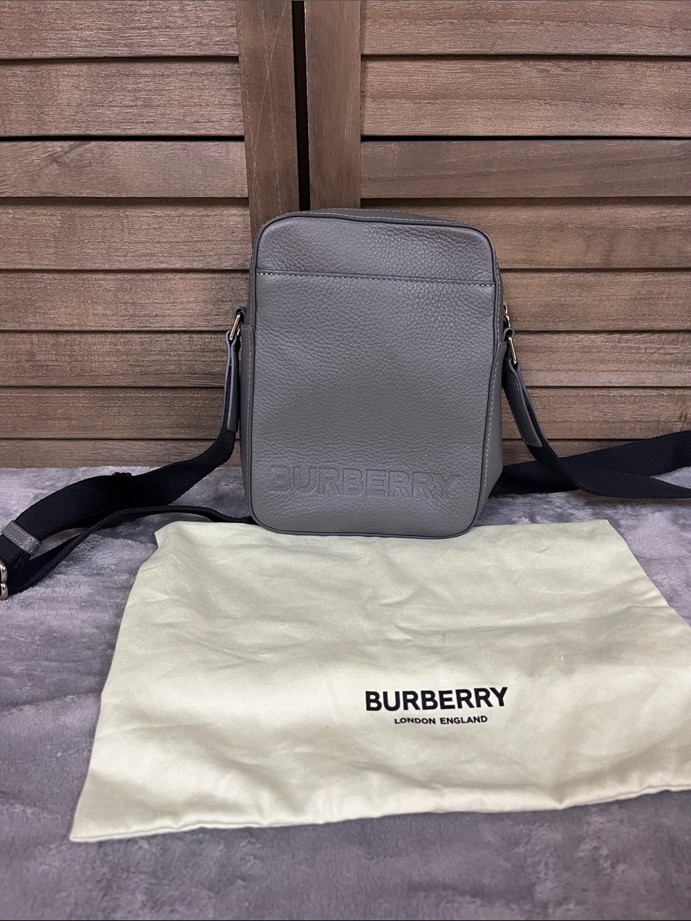 Burberry Gray Pebbled Leather Messenger Crossbody
